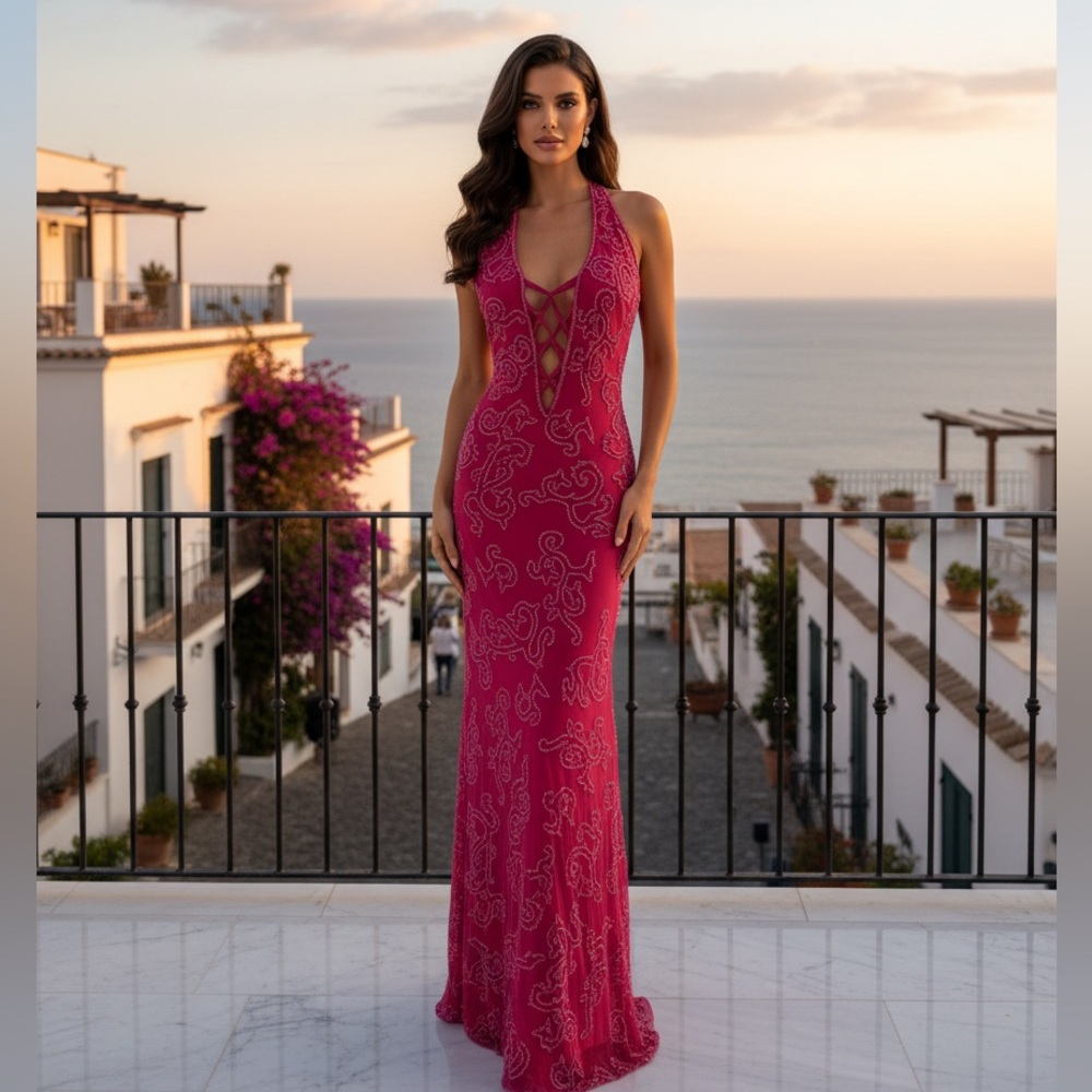 Fuchsia low front low back hand beaded designer‎ Halter Gown